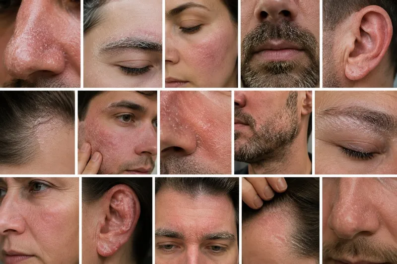 Common seborrheic dermatitis problem areas on the nose, eyebrows, beard area, ears and hairline