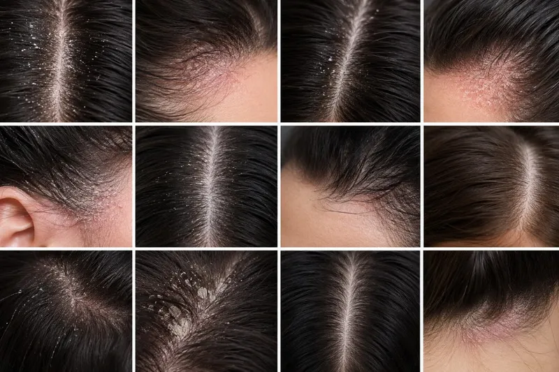 Grid of common seborrheic dermatitis scalp symptoms — flaking, redness, hairline and behind-the-ear irritation