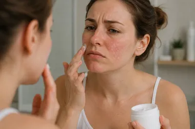 Woman applying moisturizer while seborrheic dermatitis-prone skin remains visibly irritated