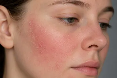 Close-up of red, flaky seborrheic dermatitis-prone skin on the cheek