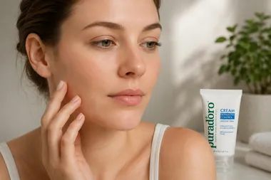 Woman with calmer-looking skin alongside Puradoro Dermatitis Control tube