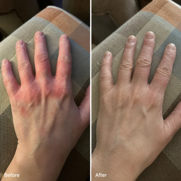 Side-by-side before and after results on hand skin affected by dermatitis