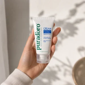 Hand holding Puradoro Dermatitis Control cream tube in natural light