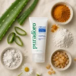 Puradoro Dermatitis Control cream surrounded by aloe, turmeric and botanical ingredients