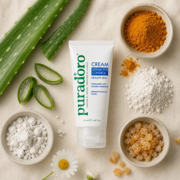 Puradoro Dermatitis Control cream surrounded by aloe, turmeric and botanical ingredients