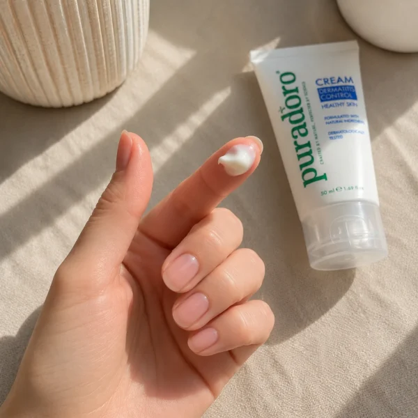 Pea-sized amount of Puradoro cream on fingertip beside the product tube